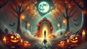 Persona quitándose una máscara en una noche de Halloween, simbolizando la liberación y el autoconocimiento.